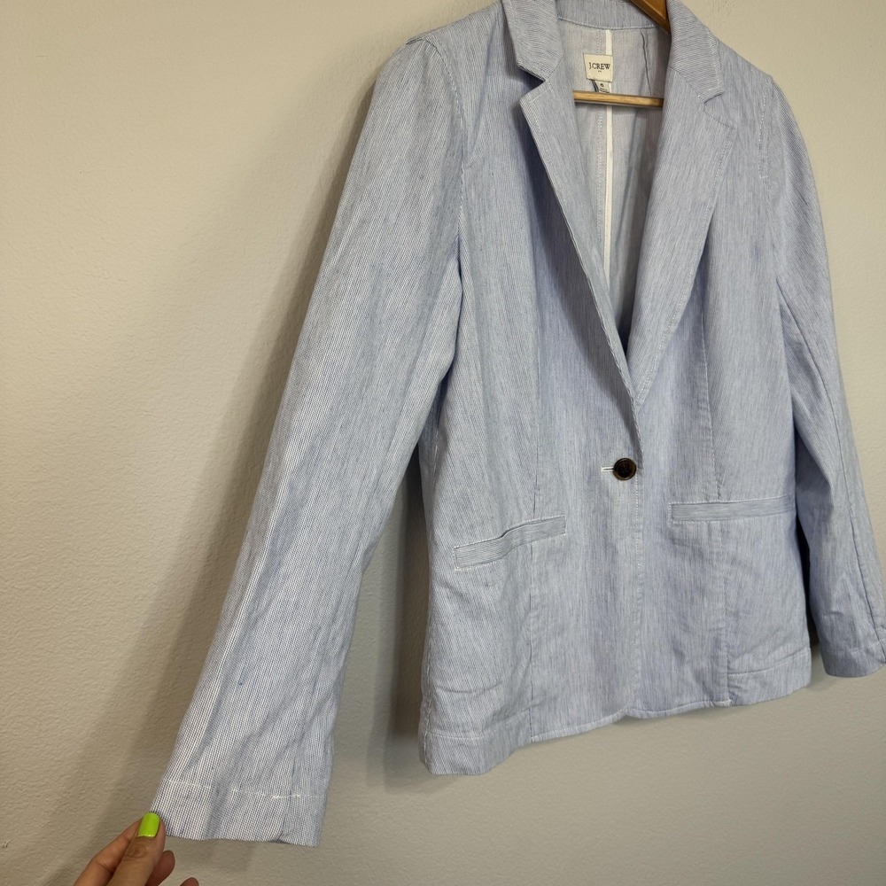 J Crew Blazer Women's 6 Blue Striped Seersucker Linen Blend Lightweight Relaxed - Picture 5 of 15